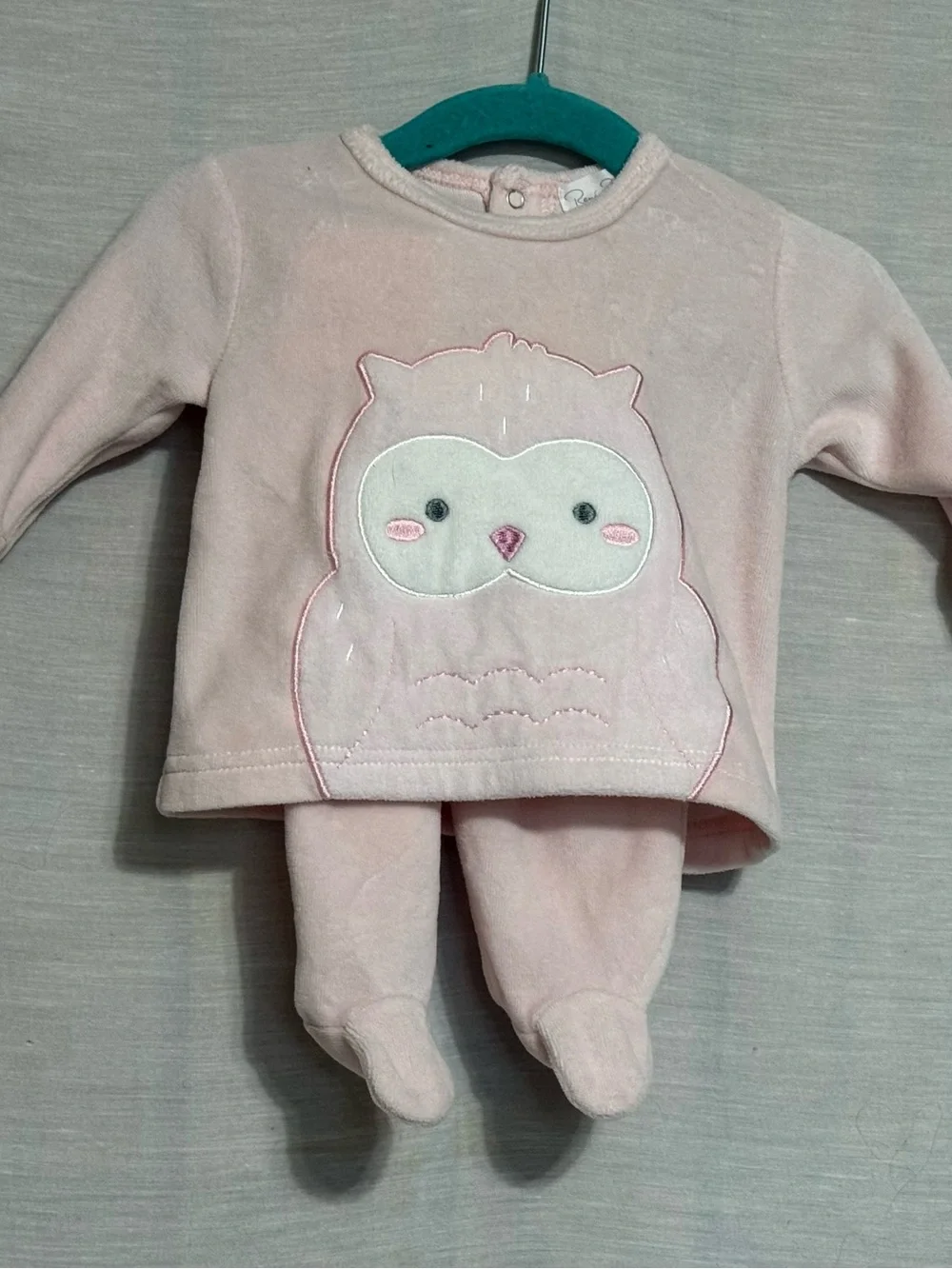 René Rofé Baby 0-3M Pink Velour Owl Footed 2 Piece Set NWOT